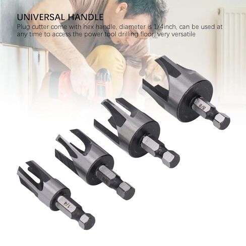 Tapered Plug Cutter Set, 4 Piece Hex Shank Claw Type Imperial Taper Cutting Tool for Woodworking Projects Carbon Steel Silver 1/4in 5/8in 3/8in 1/2in in Kuwait