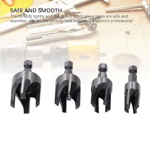 Tapered Plug Cutter Set, 4 Piece Hex Shank Claw Type Imperial Taper Cutting Tool for Woodworking Projects Carbon Steel Silver 1/4in 5/8in 3/8in 1/2in in Kuwait