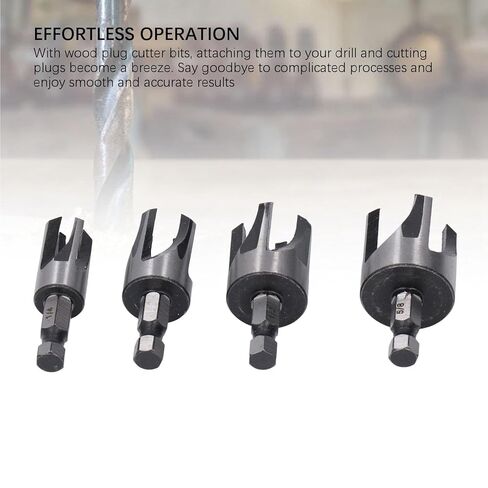 Tapered Plug Cutter Set, 4 Piece Hex Shank Claw Type Imperial Taper Cutting Tool for Woodworking Projects Carbon Steel Silver 1/4in 5/8in 3/8in 1/2in in Kuwait