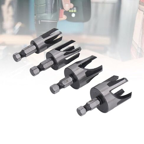 Tapered Plug Cutter Set, 4 Piece Hex Shank Claw Type Imperial Taper Cutting Tool for Woodworking Projects Carbon Steel Silver 1/4in 5/8in 3/8in 1/2in in Kuwait