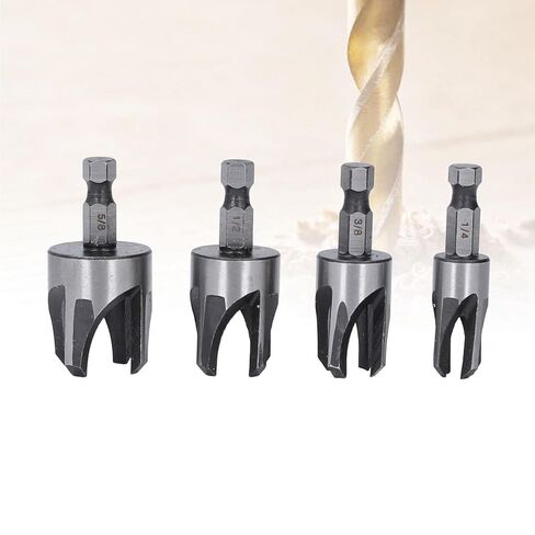 Tapered Plug Cutter Set, 4 Piece Hex Shank Claw Type Imperial Taper Cutting Tool for Woodworking Projects Carbon Steel Silver 1/4in 5/8in 3/8in 1/2in in Kuwait