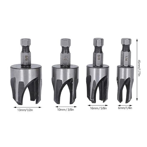 Tapered Plug Cutter Set, 4 Piece Hex Shank Claw Type Imperial Taper Cutting Tool for Woodworking Projects Carbon Steel Silver 1/4in 5/8in 3/8in 1/2in in Kuwait