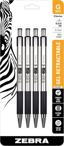 Zebra Pen G-301 Retractable Gel Pen, Premium Stainless Steel Barrel, Medium Point, 0.7mm, Blue Ink, 4-Pack, (41324) in Kuwait