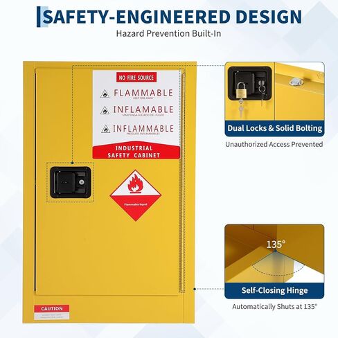 40 Gal Flammable Safety Cabinet, 65" x 23" x 18" Cold-Rolled Steel Hazardous Storage Cabinets Industrial Flammable Liquid Storage with Adjustable Shelves, Fireproof Double-Wall Design, Auto Close Door in Kuwait