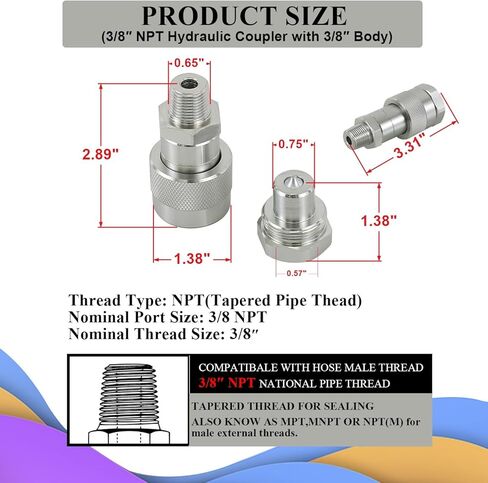 3/8"NPT Hydraulic Quick Connect-Disconnect Coupler 10,000 PSI High Pressure Replaces Enerpac C-604 w/Dust Caps in Kuwait