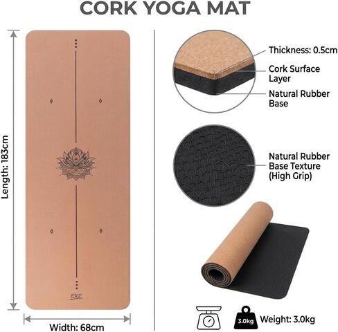 Eke Cork Yoga Mat مع خطوط الجسم - سطح غير مقاوم للبلوز - 100 ٪ مواد قابلة لإعادة التدوير - ودية Eco - مصنوعة من Cork & tpe - مثالية لليوغا الساخنة in Saudi Arabia
