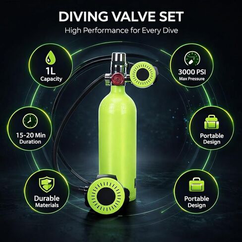 Scuba Diving Valve Set, Aviation Aluminum Oxygen Cylinder 1L, Green - Explosion - Proof Safety, Accurate Pressure Gauge, Ideal Scuba Diving Accessories Silicone Necklace Compleme in Kuwait