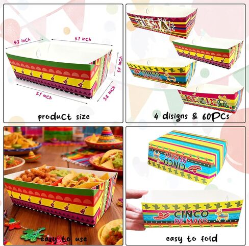 صواني الطعام الورقية المكسيكية، صواني تقديم سينكو دي مايو للاستعمال مرة واحدة، 60 قطعة، حاويات الوجبات الخفيفة، صواني هدايا الحفلات in Kuwait