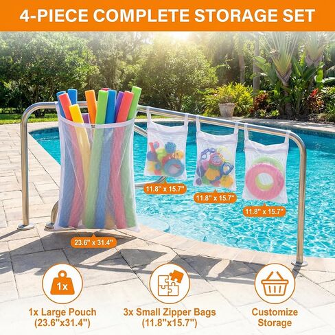Poolside Perfection! 4-Pack Mesh Storage Bags for Toys, Pool Noodles, Vibrant Floats – Organize Your Swim Gear in Style! (3 pcs Small Zipper Bags & One Large Opening Bag) in Kuwait