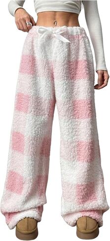ZAFUL Women's Fuzzy Plush Pajama Pants Drawstring Elastic Waist Wide Leg Teddy Pj Bottoms Lounge Pants in Kuwait