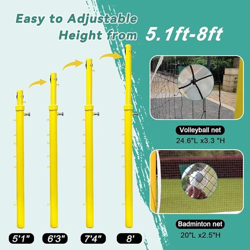 Volleyball Poles for Backyard,Adjustable Volleyball & Badminton Net Pole Set with Ground Inserted Steel Base,Professional Badminton Net Pole with Adjustable Height for Indoor Gym Outdoor Park School in Saudi Arabia