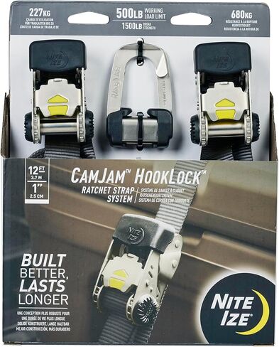 Nite Ize CamJam HookLock Ratchet Strap System - Adjustable, Heavy-Duty Tie Down Straps - Cargo Attachment with Spring-Actuated Hooks - Includes Ratchets, Hooks, Webbing & Storage - Small (2 Pack) in Kuwait