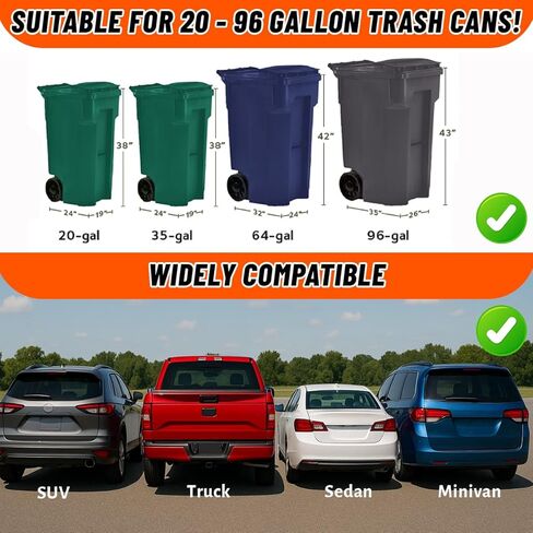 【No-Hitch】 Trash Can Hauler Strap – Heavy-Duty Polyester Trash Can Hauler for 20–96 Gallon Bins, Fits SUV/Truck/Sedan/Minivan, No Hitch Needed, Garbage Can Hauling Towing Straps in Kuwait