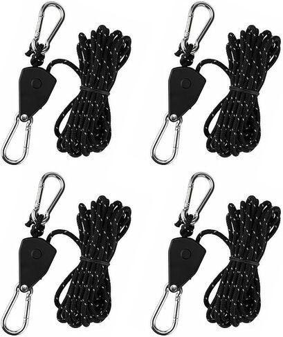 4 Pack Adjustable Rope Ratchet Pulley with Carabiners, Heavy Duty Tie Down Straps for Secure Camping, Kayak, Tents and Tarps (1/4" Rope Diameter, 16’ Length, Black)​ in Kuwait