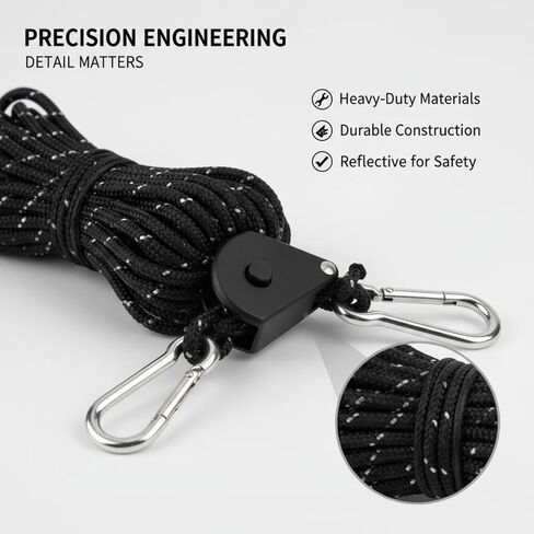 4 Pack Adjustable Rope Ratchet Pulley with Carabiners, Heavy Duty Tie Down Straps for Secure Camping, Kayak, Tents and Tarps (1/4" Rope Diameter, 16’ Length, Black)​ in Kuwait