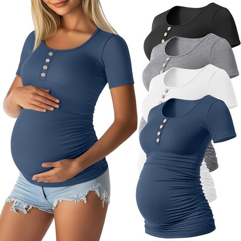 4 Pack Womens Maternity Shirts Scoop Neck Cotton Short Sleeve Ribbed Pregnancy Top Henley Side Ruched Mama Clothes in Saudi Arabia