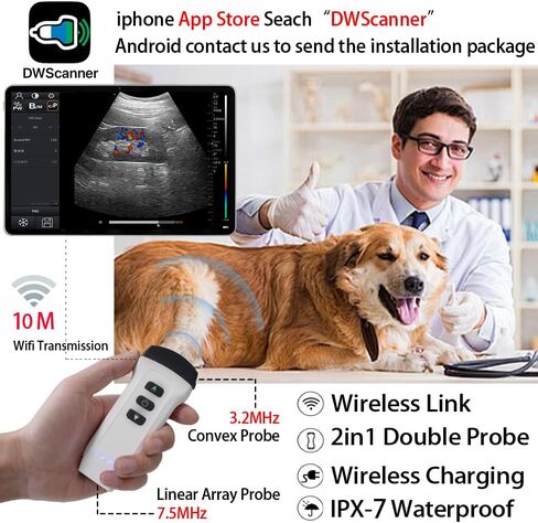 Dual Probe Wireless Color Doppler Ultrasound Machine 3.2MHZ and 7.5MHZ Probe, Wireless Ultrasound Machine for Android and iOS, Handheld Ultrasound Scanner for Dog, Cat, Horse, Pig, Sheep（white） in Kuwait