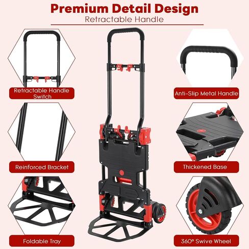 2-in-1 Hand Truck with 22’’ Folding Basket, 330LBS Platform Cart Dolly, Collapsible Utility Luggage Dolly Cart, W/Retractable Handle, 360° Dual 5’‘ Wheels, 2 Elastic Ropes (Red) in Saudi Arabia