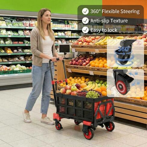 2-in-1 Hand Truck with 22’’ Folding Basket, 330LBS Platform Cart Dolly, Collapsible Utility Luggage Dolly Cart, W/Retractable Handle, 360° Dual 5’‘ Wheels, 2 Elastic Ropes (Red) in Saudi Arabia