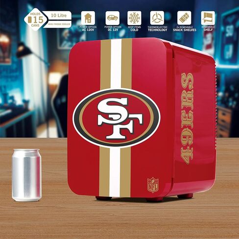 Ukonic NFL San Francisco 49ers 15-Can Mini Fridge 10L - AC/DC مدعوم، ألوان الفريق الرسمية وشعار، مبرد محمول للبوابات الخلفية، المنزل، المكتب، أو السيارة in Kuwait