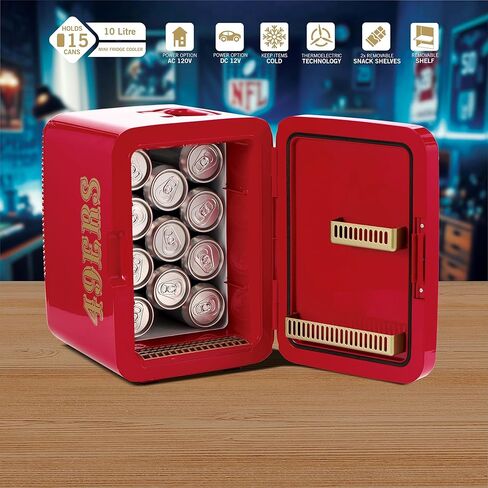 Ukonic NFL San Francisco 49ers 15-Can Mini Fridge 10L - AC/DC مدعوم، ألوان الفريق الرسمية وشعار، مبرد محمول للبوابات الخلفية، المنزل، المكتب، أو السيارة in Kuwait