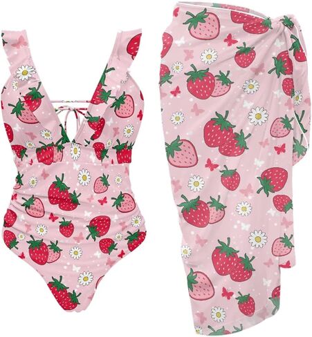 Womens One Piece Swimsuit with Cover Up Sarong Wrap Skirt Tummy Control Bikini Set Ruffled Bathing Suit Plus Size in Saudi Arabia
