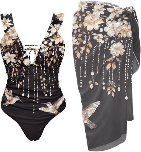 Womens One Piece Swimsuit with Cover Up Sarong Wrap Skirt Tummy Control Bikini Set Ruffled Bathing Suit Plus Size in Kuwait