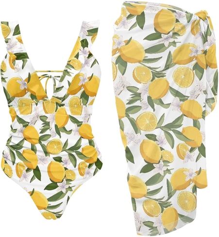 Womens One Piece Swimsuit with Cover Up Sarong Wrap Skirt Tummy Control Bikini Set Ruffled Bathing Suit Plus Size in Saudi Arabia