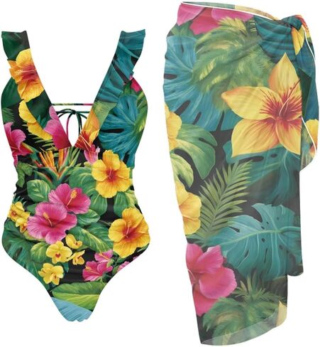 Womens One Piece Swimsuit with Cover Up Sarong Wrap Skirt Tummy Control Bikini Set Ruffled Bathing Suit Plus Size in Saudi Arabia