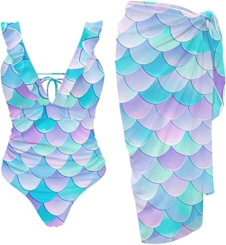 Womens One Piece Swimsuit with Cover Up Sarong Wrap Skirt Tummy Control Bikini Set Ruffled Bathing Suit Plus Size in Saudi Arabia