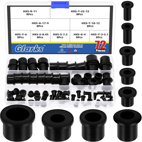 Glarks 72pcs 9 Sizes Rubber Grommets Set Black T-type Hole Grommet Small Top Hat Grommets Waterproof Automotive Firewall Wire Cable Hole Plugs for Desk, Water Pipe, Tubing, Hydroponic, Irrigation in Saudi Arabia