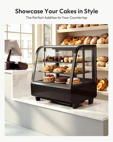 Certified Refrigerated Display Case, 3.5 Cu.Ft Countertop Refrigerator Commercial Display Fridge with Black Curved Glass & Auto Defrost, Freestanding Bakery Display Case for Cafe & Restaurant in Kuwait
