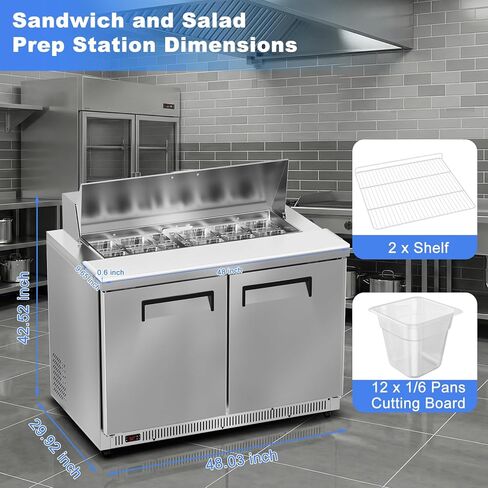ثلاجة Tylza التجارية مقاس 48 بوصة، وطاولة إعداد سلطة الساندويتشات مقاس 12.7 قدمًا مكعبًا، وثلاجة سطح العمل الضخمة مع 12 مقلاة ولوح تقطيع، ومبرد إعداد السلطة من الفولاذ المقاوم للصدأ ببابين للمطعم وشاحنة الطعام in Kuwait