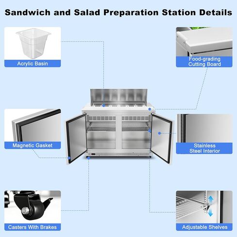 ثلاجة Tylza التجارية مقاس 48 بوصة، وطاولة إعداد سلطة الساندويتشات مقاس 12.7 قدمًا مكعبًا، وثلاجة سطح العمل الضخمة مع 12 مقلاة ولوح تقطيع، ومبرد إعداد السلطة من الفولاذ المقاوم للصدأ ببابين للمطعم وشاحنة الطعام in Kuwait