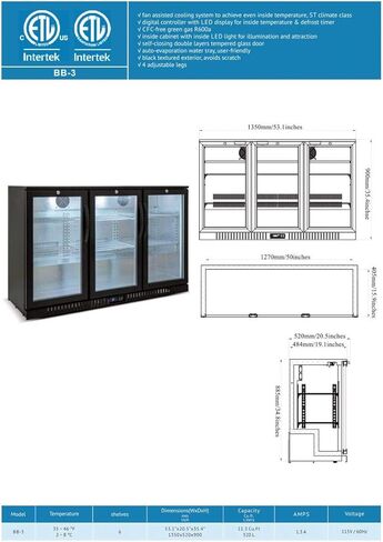 Commercial Back Bar Beer Cooler, ETL 3 Glass Door Beverage Display Refrigerator, Restaurant Upright under counter Stainless Steel Fridge Merchandiser, LED Lighting 53" W 11.3 Cu.Ft in Kuwait