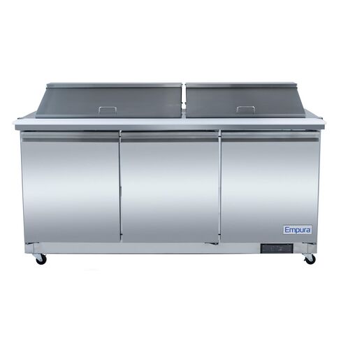 Empura 72" Mega Top Refrigerated Prep Table with Three-Solid Door | Sandwich Salad Preparation Fridge with (27) 1/6" Pans and 9" Cutting Board | 71.7"W x 34.5"D x 43.2"H, Stainless Steel, 115v, NSF in Kuwait