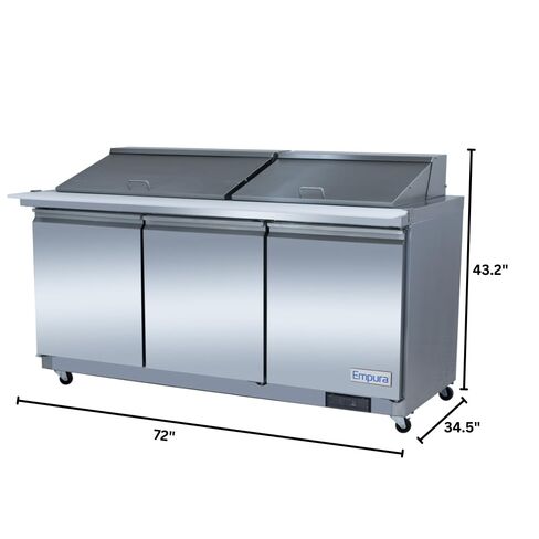Empura 72" Mega Top Refrigerated Prep Table with Three-Solid Door | Sandwich Salad Preparation Fridge with (27) 1/6" Pans and 9" Cutting Board | 71.7"W x 34.5"D x 43.2"H, Stainless Steel, 115v, NSF in Kuwait