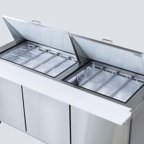 Empura 72" Mega Top Refrigerated Prep Table with Three-Solid Door | Sandwich Salad Preparation Fridge with (27) 1/6" Pans and 9" Cutting Board | 71.7"W x 34.5"D x 43.2"H, Stainless Steel, 115v, NSF in Kuwait