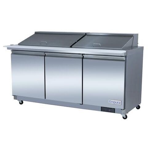 Empura 72" Mega Top Refrigerated Prep Table with Three-Solid Door | Sandwich Salad Preparation Fridge with (27) 1/6" Pans and 9" Cutting Board | 71.7"W x 34.5"D x 43.2"H, Stainless Steel, 115v, NSF in Kuwait
