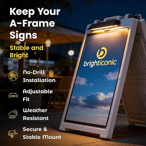 Brighticonic Universal A-Frame Sign Light Bracket - No-Drill LED Mounting Bracket, Adjustable Clamp - Secure Mount for Lightweight Sidewalk Signboards, Camera, Solar Sign Lights - Fits 1.75" Edges in Kuwait