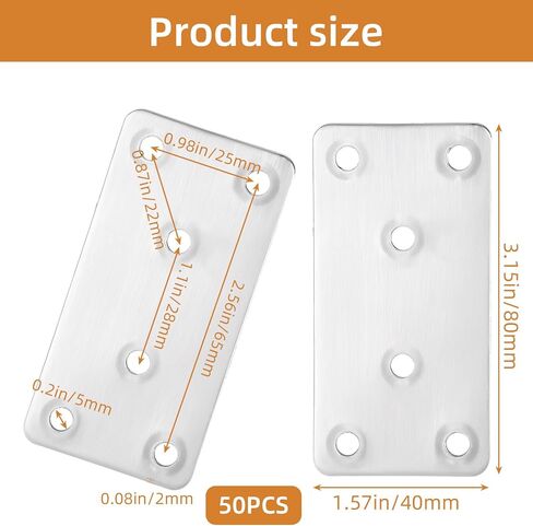 50PCS Silver Flat Mending Plates, 3.15×1.57" 304 Stainless Steel Brace Straight Mending Joining Plates, Metal Straight Brackets for Brace, Furniture, Wood, Cabinet,80X40X2MM in Kuwait