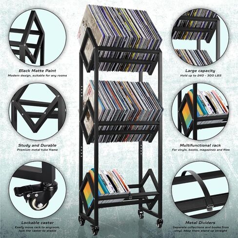 Record Holder, Two Tier Width Adjustable Heavy Duty Rack for Albums Holds, Album Display Stand for Home, Office with Sand Black Powder Coated High End Design, Up to 200 LP Storage in Kuwait