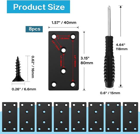 8Pcs Black Mending Plate - 3.15"x1.57", Stainless Steel Flat Metal Brackets Straight Metal Plate Wood Connector Brackets Fixing Brace Joining Plates for Furniture Shelves Fasteners in Kuwait