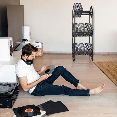 Record Holder, Two Tier Width Adjustable Heavy Duty Rack for Albums Holds, Album Display Stand for Home, Office with Sand Black Powder Coated High End Design, Up to 200 LP Storage in Kuwait