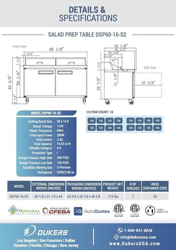 Dukers DSP60-16-S2 14.3 cu. ft. 2-Door 60" Commercial Food Salad/Sandwich Prep Table Refrigerator in Stainless Steel in Saudi Arabia