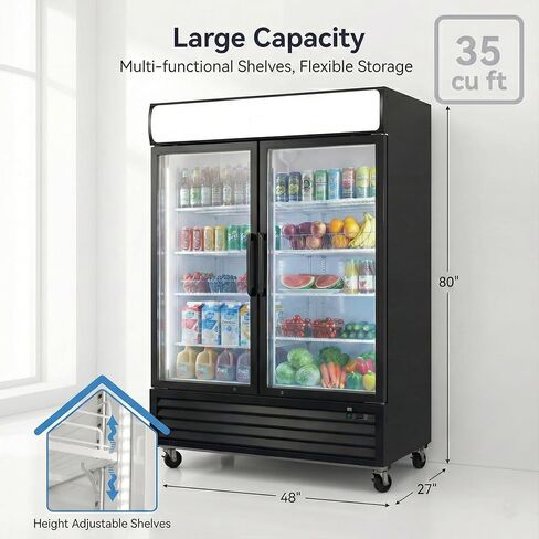 Commercial Refrigerator Glass 2-Door Merchandiser Display Fridge Beverage Drink Cooler ETL,NSF certified, Bottom-Mounted, 48 inches width, capacity 40 cuft 110V, 8 Shelves, Restaurant Kitchen LGD-1000 in Kuwait