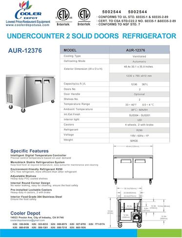 cooler depot Commercial Under Counter Refrigerator with Worktop 2 doors 48 Inches Width 13 Cu. Ft. 2 Shelves Cold Table Stainless Steel 33°F~41°F 115V/60HZ-AUR-12376 in Kuwait