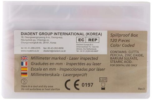 DiaDent 101-691 Color Coded Gutta Percha Point, Spill Proof, Assorted, #15-40 Tip Size Gutta Percha (Pack of 120) in Kuwait