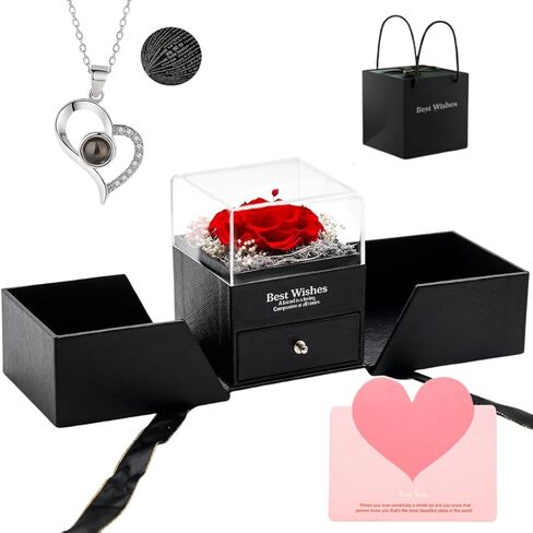 Preserved Real Rose with Heart I Love You Necklaces for Women - Eternal Red Flowers Gifts for her Romantic Gift Set for Girlfriend Birthday Anniversary on Valentines Mothers Day Christmas in Saudi Arabia