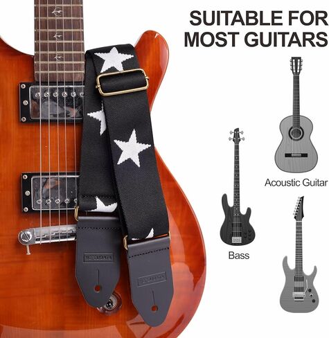 Nefelibata Guitar Strap Cotton with Thicked First Layer Vegetable Tanned Cowhide Leather Ends for Acoustic, Bass, Electric, Gift for Your Love Guitarists (Stars) in Saudi Arabia